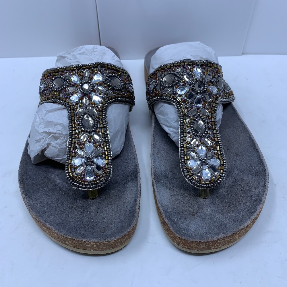 Charlie Paige Womens 7 Grey Beaded Rhinestone Cork Thong Sandals